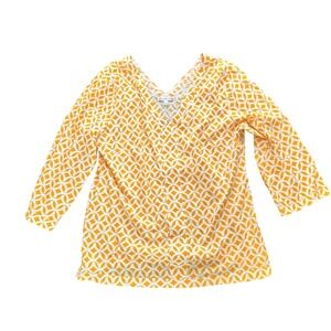 Peter Millar Geometric Print Top 3/4 Sleeve V-Neck Blouse Yellow White L